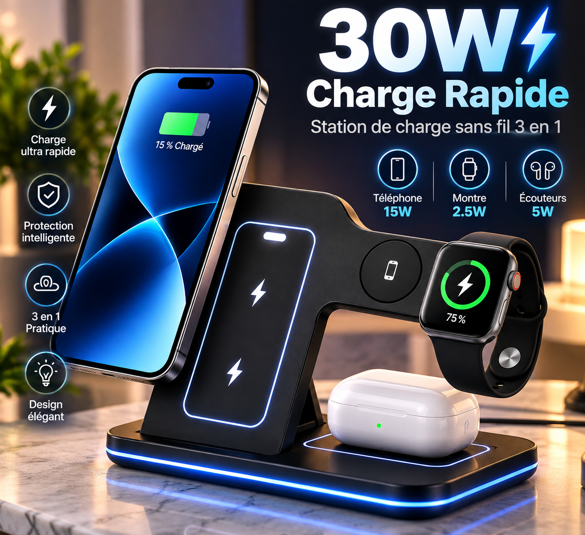 3 in 1 Wireless Charger Stand 30W LED Foldable Wireless Charger For iPhone 16 15 Pro Max iWatch 8 7 Airpods Charge Dock Station