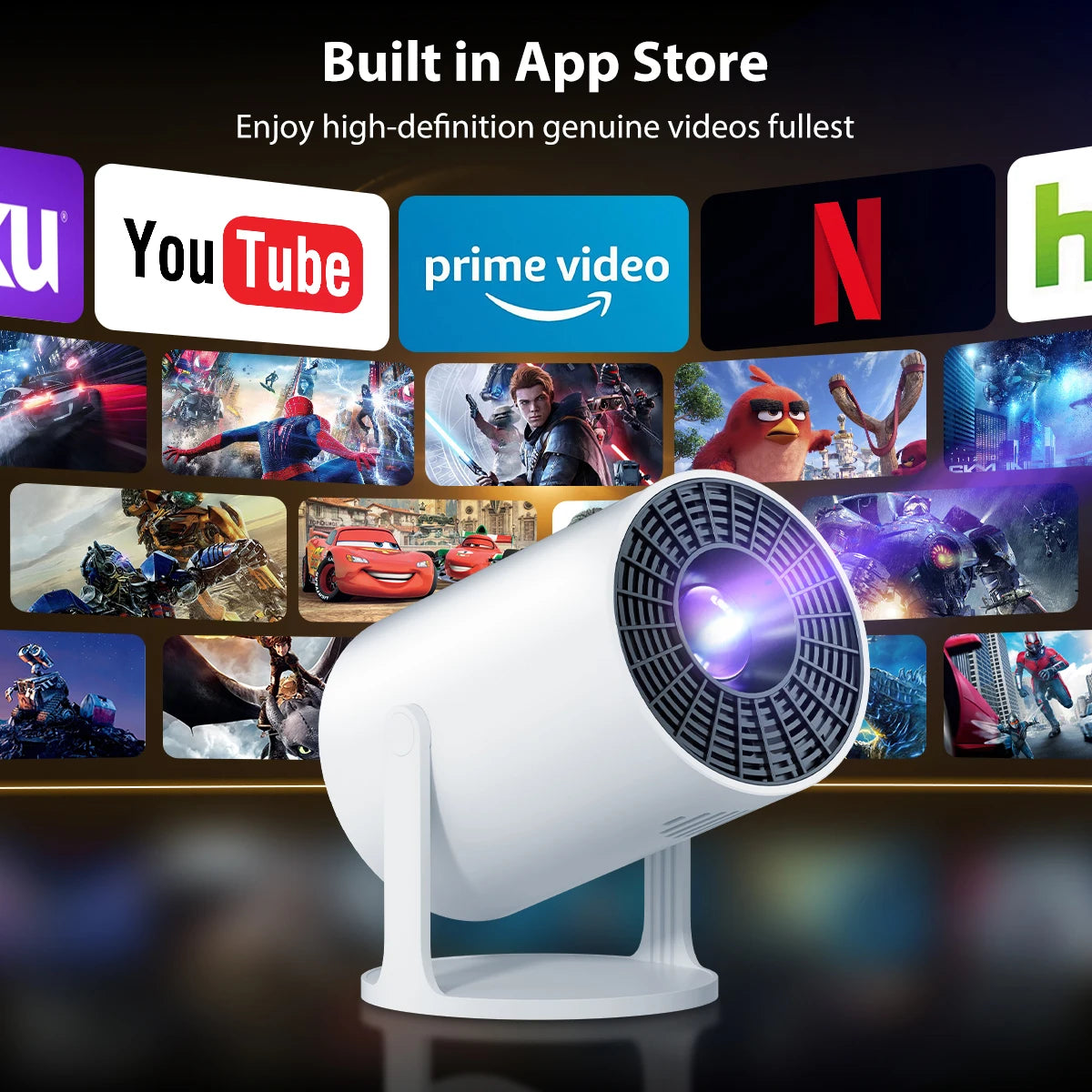 4K Decoding Native 1080P Mini Projector with Short-Throw Projection, Supporting 270° Rotation and Compatible with Laptops, Smart