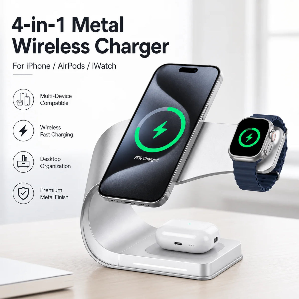 Qi 15W Magnetic Wireless Charger 4 in 1 Metal Shell 15W Fast Charging Station Stand for iPhone 12-17 Mobile Phones Airpods Watch